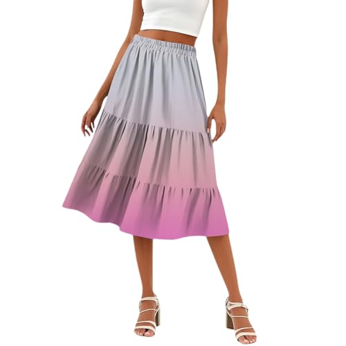 FNKDOR Rock Damen Farbverlauf Sommerrock High Waist Faltenrock Leicht und Luftig A-Linien Midi Rock mit Gummibund (Pink, XXXL) von FNKDOR