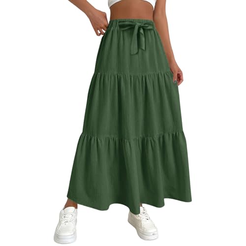 FNKDOR Rock Damen Langer High Waist A-Linien Faltenrock Sommerrock Leicht und Luftig Maxirock Leinenrock (Green, M) von FNKDOR