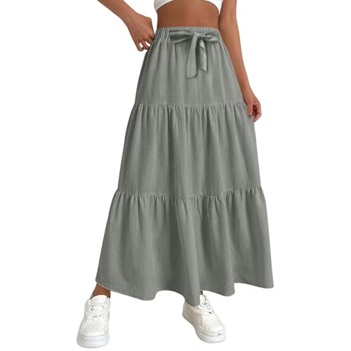 FNKDOR Rock Damen Langer High Waist A-Linien Faltenrock Sommerrock Leicht und Luftig Maxirock Leinenrock (Mint Green, S) von FNKDOR