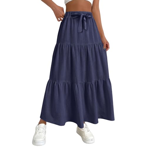 FNKDOR Rock Damen Langer High Waist A-Linien Faltenrock Sommerrock Leicht und Luftig Maxirock Leinenrock (Navy, XXL) von FNKDOR