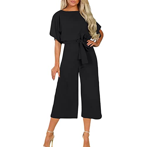 FNKDOR Schlicht Jumpsuit Damen Elegant Sommer Rundhals Kurzarm Overalls 3/4 Weites Bein Romper mit Gürtel von FNKDOR