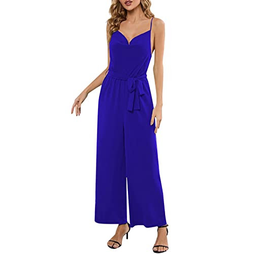 FNKDOR Schlicht Jumpsuit Damen Elegant Sommer Spaghettiträger Schulterfrei Rückenfrei Overalls Weites Bein Romper mit Gürtel#22 von FNKDOR