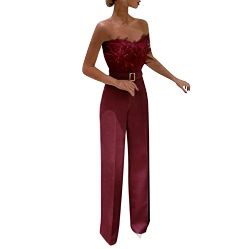 FNKDOR Schlicht Jumpsuit Damen Elegant Sommer Trägerlos Feder Bandeau Overalls Weites Bein Romper mit Gürtel von FNKDOR