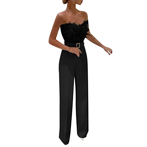 FNKDOR Schlicht Jumpsuit Damen Elegant Sommer Trägerlos Feder Bandeau Overalls Weites Bein Romper mit Gürtel von FNKDOR