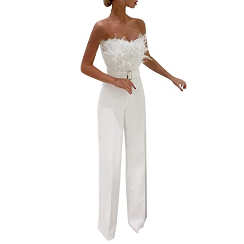 FNKDOR Schlicht Jumpsuit Damen Elegant Sommer Trägerlos Feder Bandeau Overalls Weites Bein Romper mit Gürtel von FNKDOR