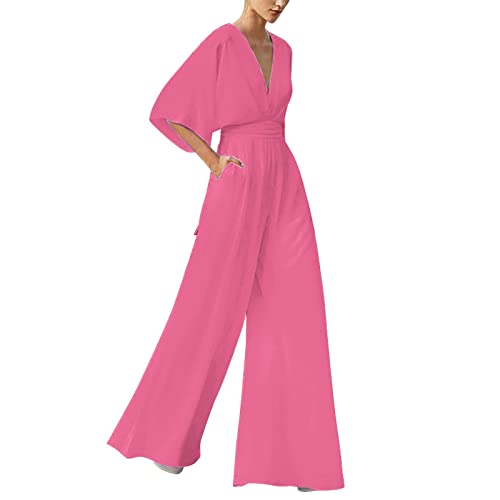 FNKDOR Schlicht Jumpsuit Damen Elegant Sommer V-Ausschnitt Langarm Locker Overalls Weites Bein Romper von FNKDOR