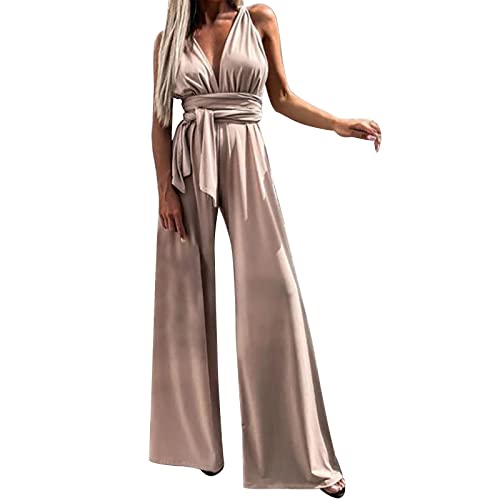FNKDOR Schlicht Jumpsuit Damen Elegant Sommer V-Ausschnitt Racer Back Ärmellos Overalls Weites Bein Romper mit Gürtel von FNKDOR