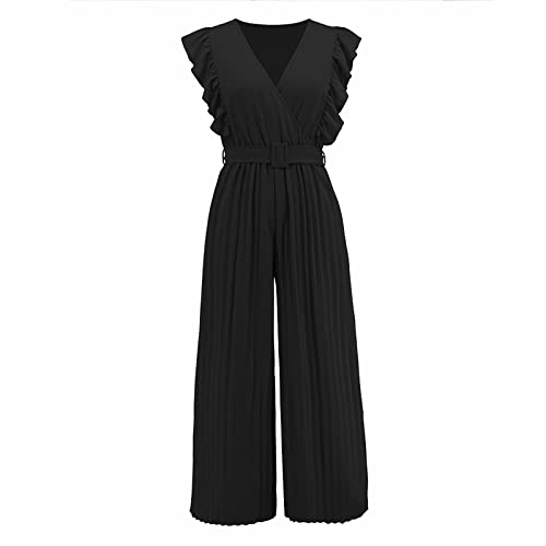 FNKDOR Schlicht Plissee Jumpsuit Damen Elegant Sommer V-Ausschnitt Ärmellos Rüschen Overalls Weites Bein Romper mit Gürtel#9 von FNKDOR