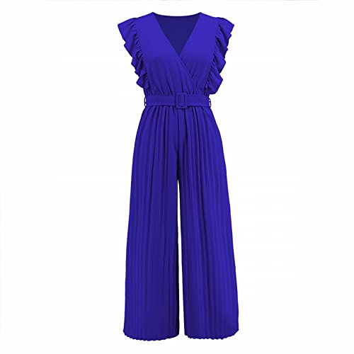 FNKDOR Schlicht Plissee Jumpsuit Damen Elegant Sommer V-Ausschnitt Ärmellos Rüschen Overalls Weites Bein Romper mit Gürtel#9 von FNKDOR