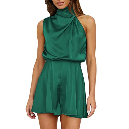FNKDOR Schlicht Satin Jumpsuit Damen Elegant Sommer Kurz Neckholder Rollkragen Ärmellos Overalls Shorts Romper von FNKDOR