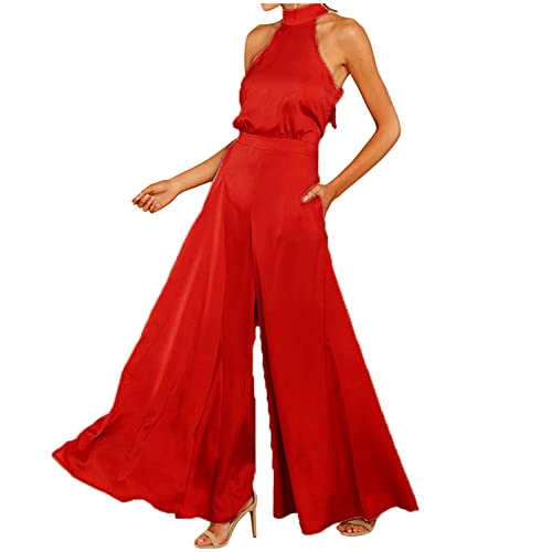 FNKDOR Schlicht Satin Jumpsuit Damen Elegant Sommer Neckholder Schulterfrei Overalls Weites Bein Romper von FNKDOR