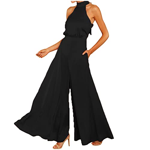 FNKDOR Schlicht Satin Jumpsuit Damen Elegant Sommer Neckholder Schulterfrei Overalls Weites Bein Romper von FNKDOR