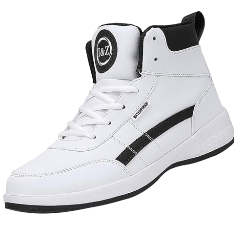 FNKDOR Sneaker Herren High-top Sportschuhe Kunstleder Wasserdicht Schnürung Turnschuhe Trendy Laufschuhe (White, 43) von FNKDOR