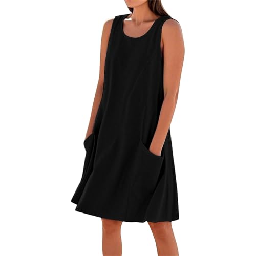 FNKDOR Sommerkleid Damen Kurz Ärmellos U-Ausschnitt Leinenkleid Einfarbig A Linie Tank Freizeitkleid Strandkleid mit Taschen (Black, XXL) von FNKDOR