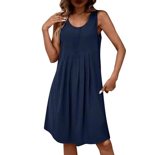 FNKDOR Sommerkleid Damen Kurz Leinenkleid Ärmellos Rundhal Plissee Einfarbig A Linie Freizeitkleid Strandkleid (Blue, XXL) von FNKDOR