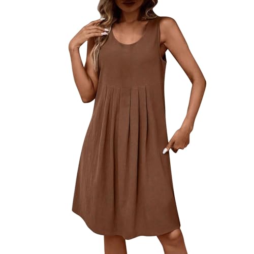 FNKDOR Sommerkleid Damen Kurz Leinenkleid Ärmellos Rundhal Plissee Einfarbig A Linie Freizeitkleid Strandkleid (Coffee, M) von FNKDOR
