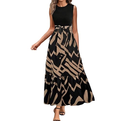 FNKDOR Sommerkleider Damen Leicht und Luftig Lange Elegant A Linien Maxikleid Ärmellos Rundhalsausschnitt Hohe Taille Boho Freizeitkleid mit Taillenschnürung (a-Braun, L) von FNKDOR