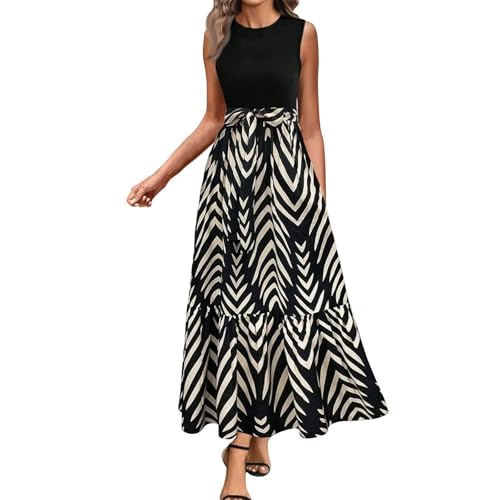 FNKDOR Sommerkleider Damen Leicht und Luftig Lange Elegant A Linien Maxikleid Ärmellos Rundhalsausschnitt Hohe Taille Boho Freizeitkleid mit Taillenschnürung (c-Khaki, M) von FNKDOR