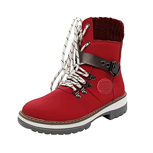 FNKDOR Stiefeletten Damen Leder Schneestiefel Trendy Combat Boots Biker Boots mit Gefüttert und Schnürsenkel Rot 37 von FNKDOR