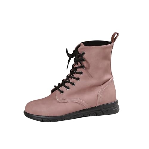FNKDOR Stiefeletten Damen Trendy Runde Form Schnürstiefeletten Kampfstiefel Lederstiefel Ankle Boots Booties Kurzstiefel mit Seitlicher Reißverschluss (Pink, 40) von FNKDOR