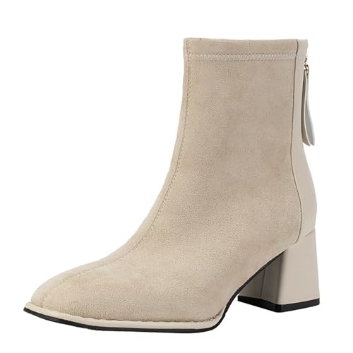 FNKDOR Stiefeletten Damen mit Absatz Elegant Wildleder Rückenreißverschluss Eckige Form Kurzstiefel Herbststiefel (Beige, 35) von FNKDOR