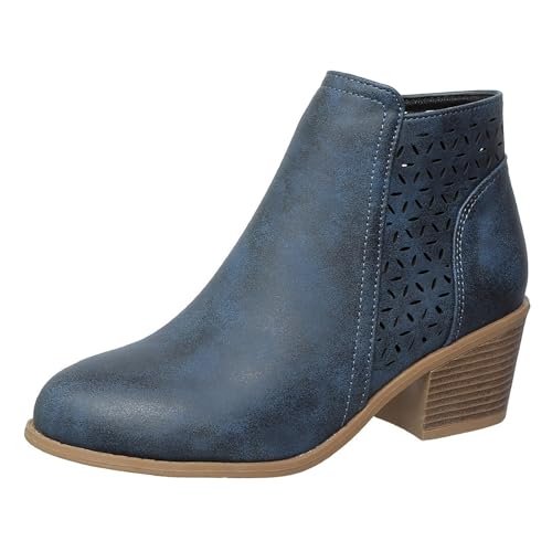 FNKDOR Stiefeletten Damen mit Absatz Hollow-out Seitenreißverschluss Kurzstiefel Herbststiefel (Blue, 38) von FNKDOR