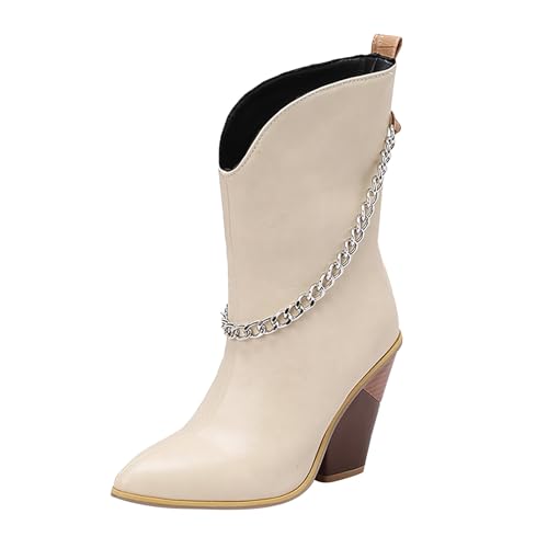 FNKDOR Stiefeletten Damen mit Absatz Weiter Schaft Elegant Metallkette Spitze Form Kurzstiefel Herbststiefel (Beige, 37) von FNKDOR