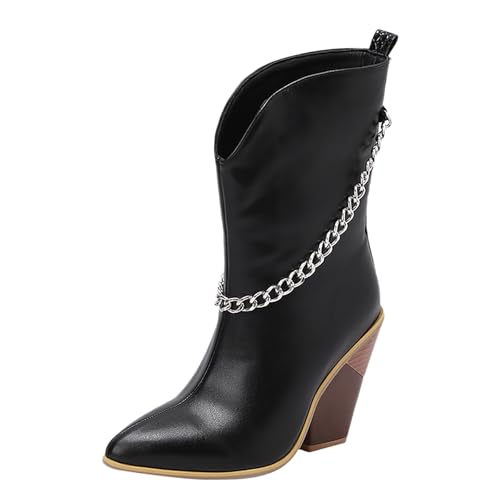 FNKDOR Stiefeletten Damen mit Absatz Weiter Schaft Elegant Metallkette Spitze Form Kurzstiefel Herbststiefel (Black, 38) von FNKDOR