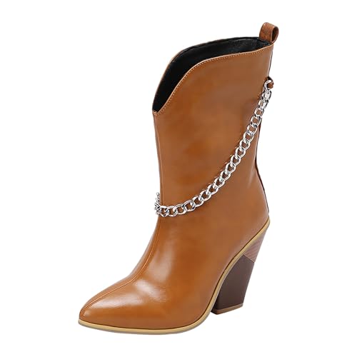 FNKDOR Stiefeletten Damen mit Absatz Weiter Schaft Elegant Metallkette Spitze Form Kurzstiefel Herbststiefel (Brown, 40) von FNKDOR