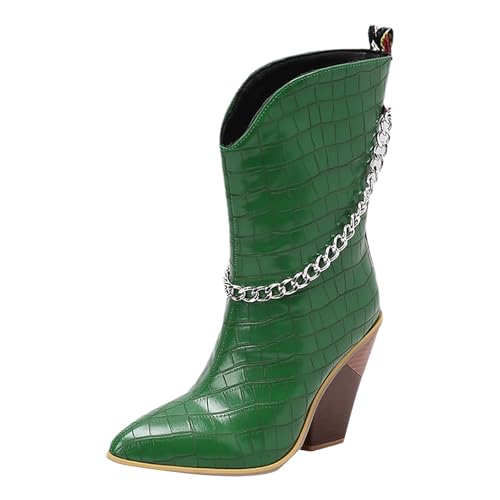 FNKDOR Stiefeletten Damen mit Absatz Weiter Schaft Elegant Metallkette Spitze Form Kurzstiefel Herbststiefel (Green, 36) von FNKDOR
