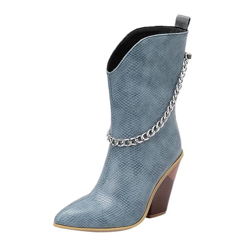 FNKDOR Stiefeletten Damen mit Absatz Weiter Schaft Elegant Metallkette Spitze Form Kurzstiefel Herbststiefel (Light Blue, 36) von FNKDOR
