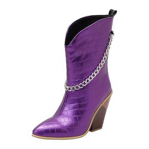 FNKDOR Stiefeletten Damen mit Absatz Weiter Schaft Elegant Metallkette Spitze Form Kurzstiefel Herbststiefel (Purple, 38) von FNKDOR