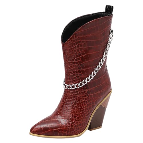 FNKDOR Stiefeletten Damen mit Absatz Weiter Schaft Elegant Metallkette Spitze Form Kurzstiefel Herbststiefel (Wine, 37) von FNKDOR