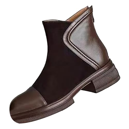 FNKDOR Stiefeletten Damen mit Absatz Weiter Schaft Patchwork Rückenreißverschluss Fleece Gefüttert Kurzstiefel Herbststiefel (Brown, 37) von FNKDOR