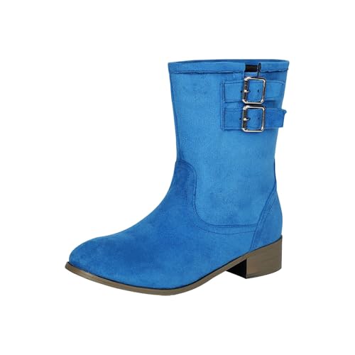 FNKDOR Stiefeletten Damen mit Absatz Weiter Schaft Wildleder Schnalle Kurzstiefel Herbststiefel (Blue, 36) von FNKDOR