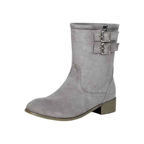 FNKDOR Stiefeletten Damen mit Absatz Weiter Schaft Wildleder Schnalle Kurzstiefel Herbststiefel (Grey, 38) von FNKDOR