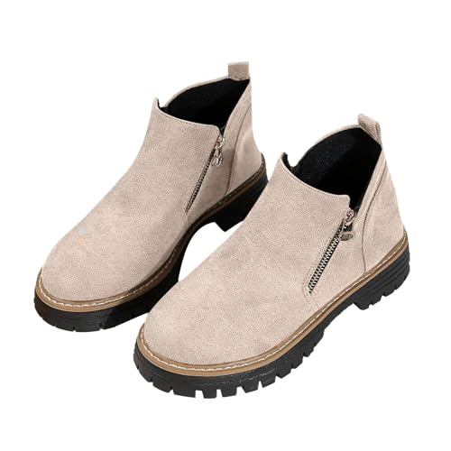 FNKDOR Stiefeletten Damen mit Absatz Wildleder Seitenreißverschluss Runde Form Kurzstiefel Herbststiefel (Beige, 38) von FNKDOR