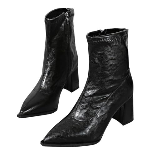 FNKDOR Stiefeletten Damen mit Blockabsatz Eleganz Spitze Form Seitenreißverschluss Kurzstiefel Herbststiefel (Black, 41) von FNKDOR