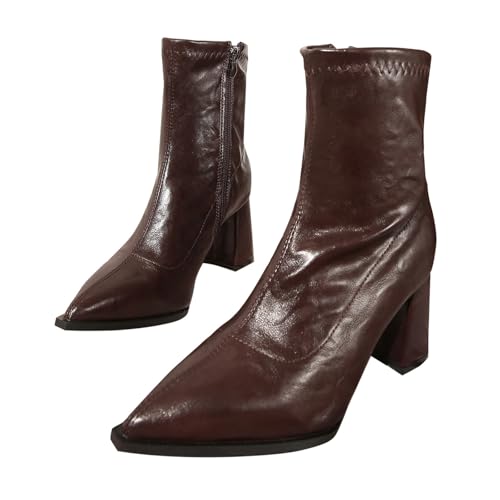 FNKDOR Stiefeletten Damen mit Blockabsatz Eleganz Spitze Form Seitenreißverschluss Kurzstiefel Herbststiefel (Brown, 39) von FNKDOR