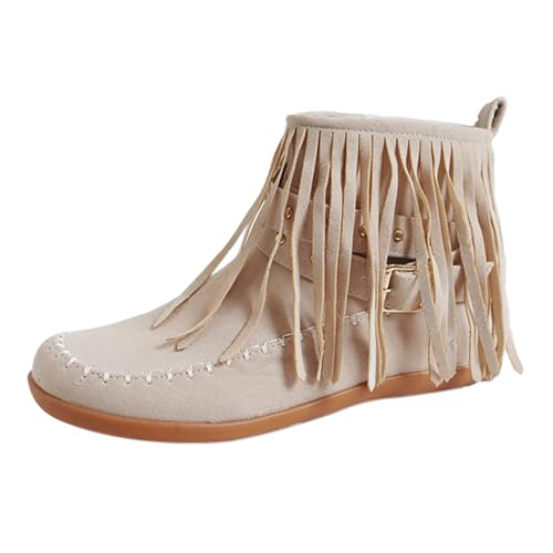 FNKDOR Stiefeletten Damen mit Seitlicher Reißverschluss Niete und Fransen Vintage Mokassin Stiefel Ankle Boots Booties Kurzstiefel (White, 40) von FNKDOR