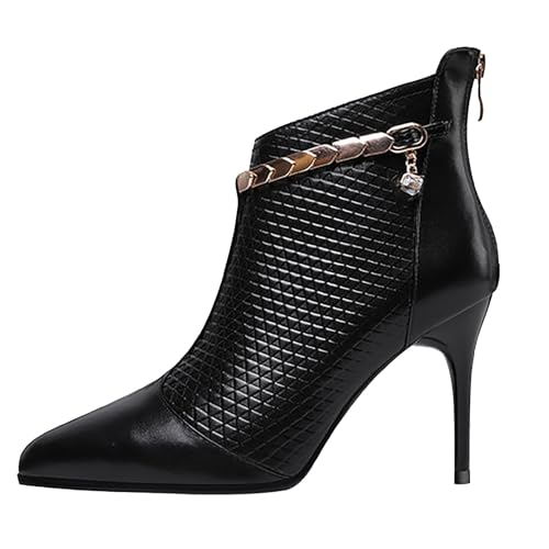 FNKDOR Stiefeletten Damen mit Stiletto Absatz Eleganz Rautenmuster Metallkette Rückenreißverschluss Kurzstiefel Herbststiefel (Black, 37) von FNKDOR