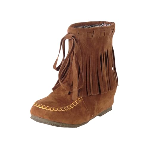 FNKDOR Stiefeletten für Damen Weiter Schaft Flach Wildleder Fransen Rutschfest Vintage Kurzstiefel Herbststiefel (Brown, 42) von FNKDOR