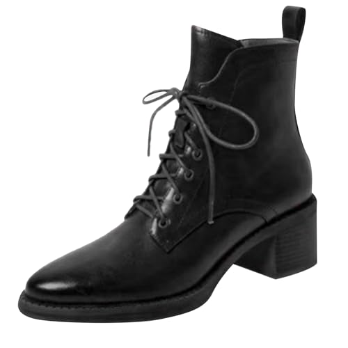 FNKDOR Stiefeletten für Damen mit Absatz Spitze Form Kunstleder Schnürstiefeletten Kurzstiefel Herbststiefel (Black, 37) von FNKDOR