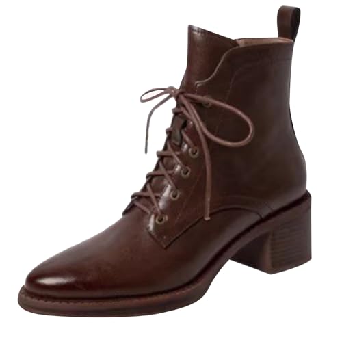 FNKDOR Stiefeletten für Damen mit Absatz Spitze Form Kunstleder Schnürstiefeletten Kurzstiefel Herbststiefel (Brown, 39) von FNKDOR