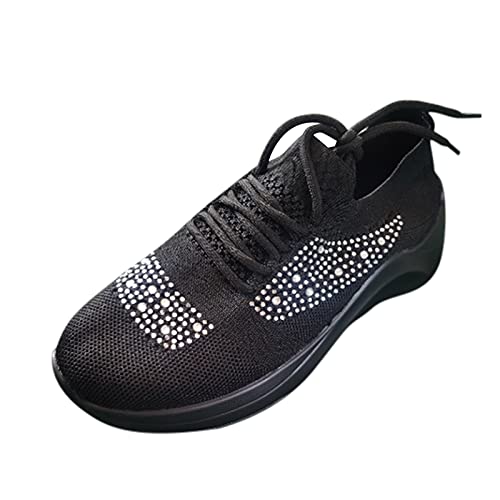 FNKDOR Strass Sneaker Damen Plateau Turnschuhe Keilabsatz Laufschuhe Atmungsaktiv Sportschuhe Damenschuhe Schwarz 39 von FNKDOR