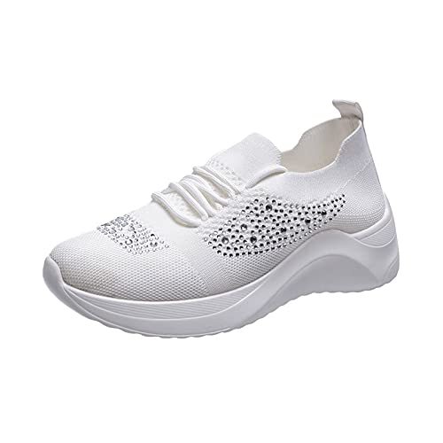 FNKDOR Strass Sneaker Damen Plateau Turnschuhe Keilabsatz Laufschuhe Atmungsaktiv Sportschuhe Damenschuhe Weiß 42 von FNKDOR