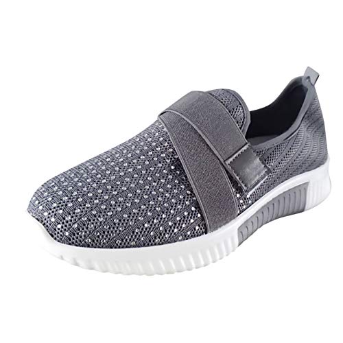 FNKDOR Strass Turnschuhe Damen Sneaker mit Klettverschluss Atmungsaktiv Leichte Laufschuhe Casual Sportschuhe Grau 37 von FNKDOR