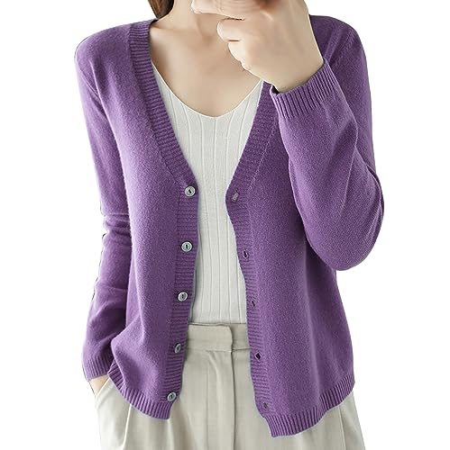 FNKDOR Strickjacke Damen Herbst Kurze Cardigan V-Ausschnitt Langarm Elastischer Saum Strickcardiganmit mit Knöpfe (Purple, XXL) von FNKDOR