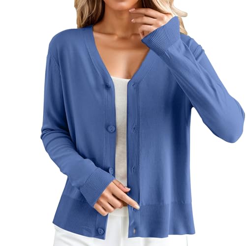 FNKDOR Strickjacke Damen Kurz V-Ausschnitt Langarm Einfarbig Cardigan Damen Sommer Herbst Strickcardigan mit Knöpfen (Blue, M) von FNKDOR