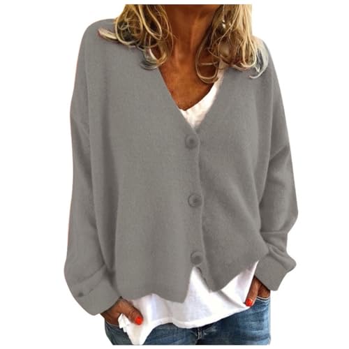 FNKDOR Strickjacke Damen Kurz mit Knöpfen V-Ausschnitt Langarm Cardigan Damen Sommer Herbst Strickcardigan (Grey, M) von FNKDOR